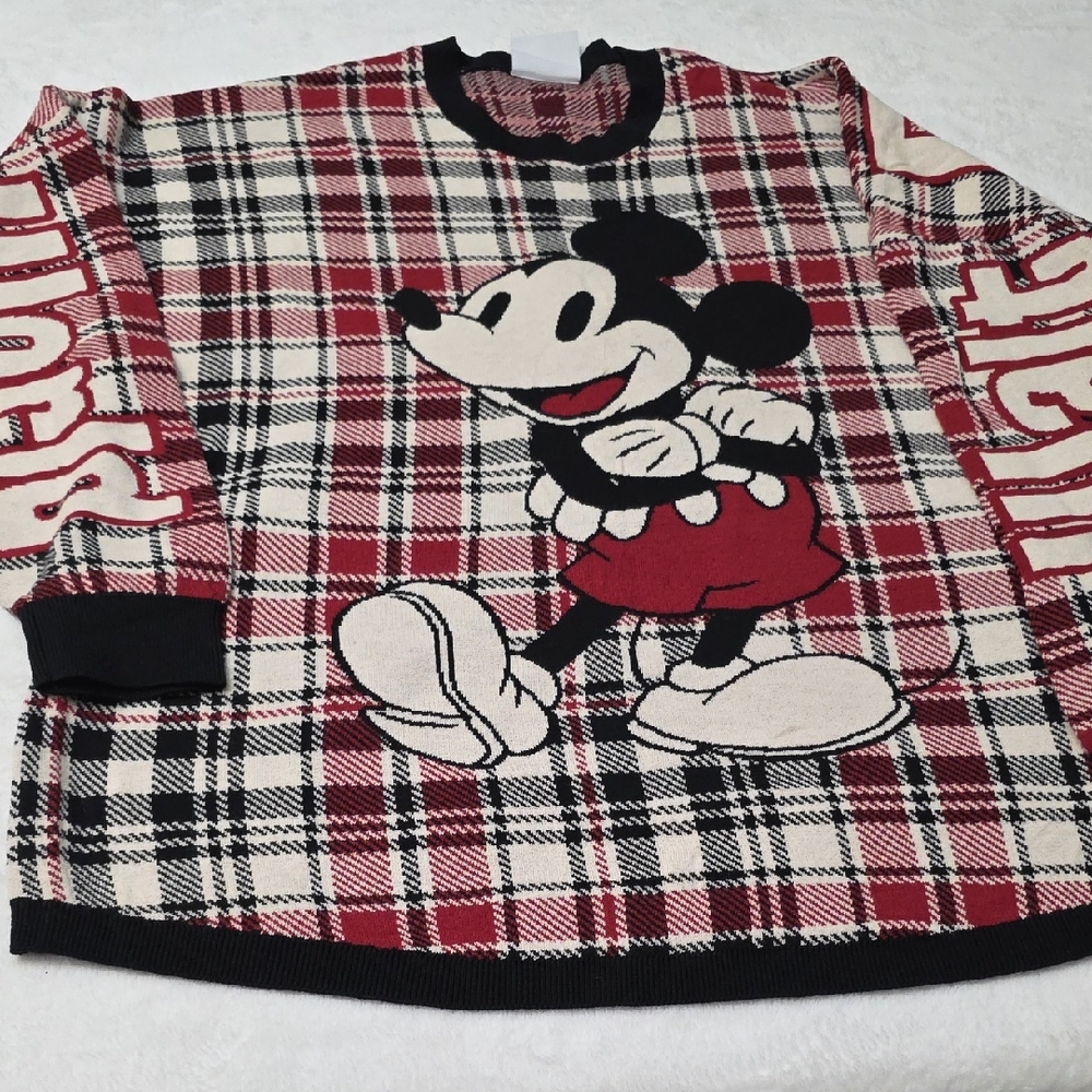 Disney Plaid Mickey Mouse Sweater‎ with Black Red And Cream. L.
